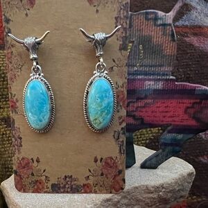 ❤️ Bull’s Head Mohave Turquoise Navajo Sterling 1.45”L Statement Earrings 12.9gm